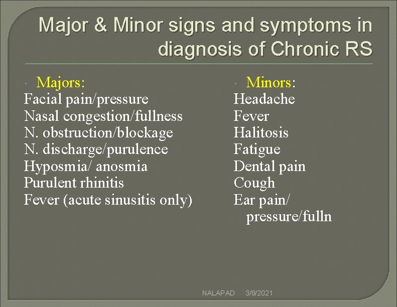 Major & Minor signs and symptoms in diagnosis of Chronic RS Majors: Facial pain/pressure Major & Minor signs and symptoms in diagnosis of Chronic RS Majors: Facial pain/pressure