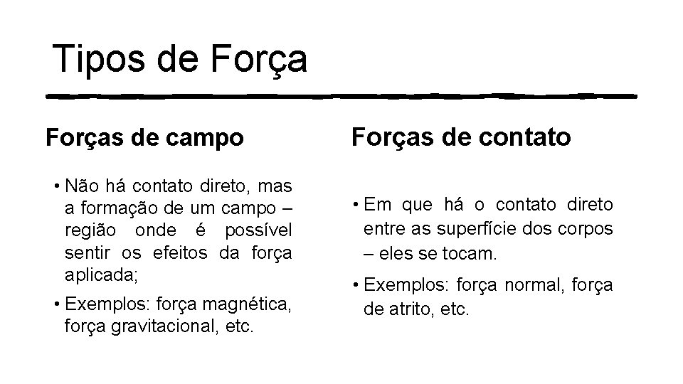 Tipos de Forças de campo • Não há contato direto, mas a formação de