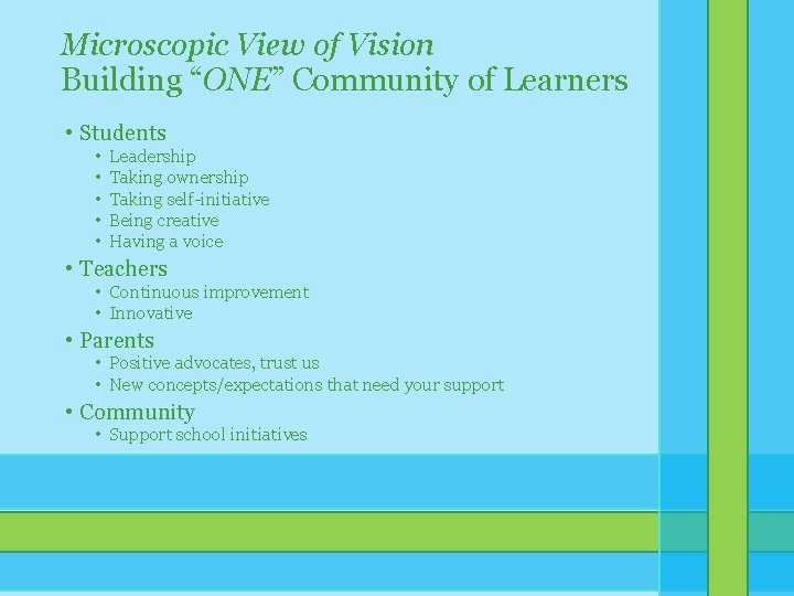 Microscopic View of Vision Building “ONE” Community of Learners • Students • • • Microscopic View of Vision Building “ONE” Community of Learners • Students • • •