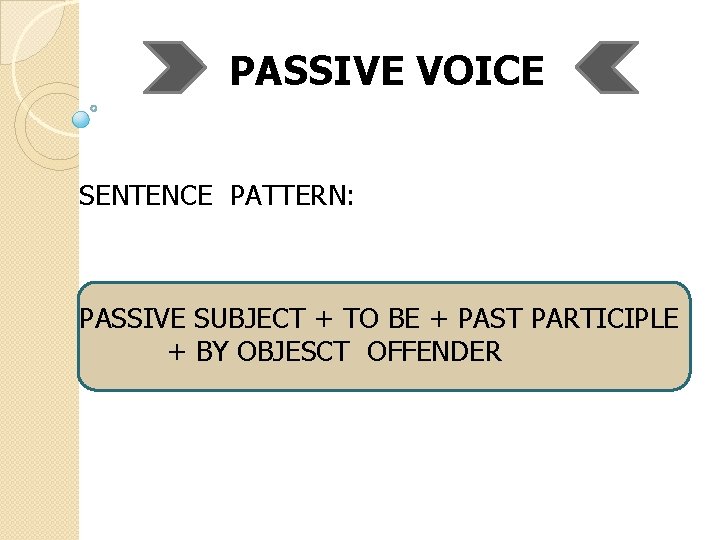 PASSIVE VOICE SENTENCE PATTERN: PASSIVE SUBJECT + TO BE + PAST PARTICIPLE + BY