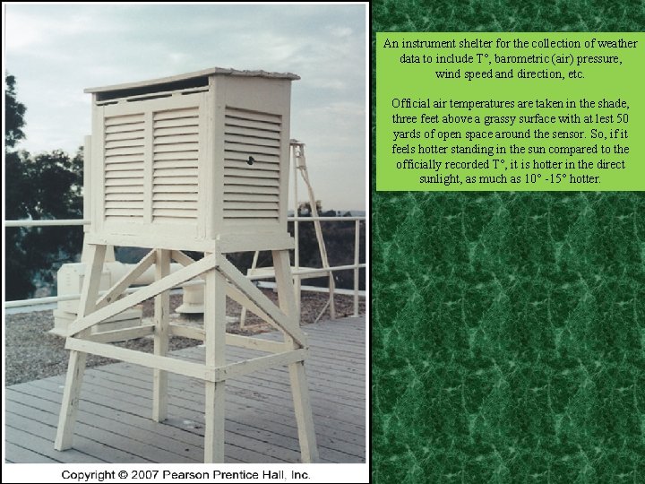 An instrument shelter for the collection of weather data to include T°, barometric (air)