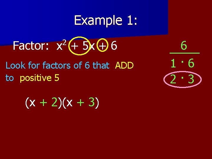 Example 1: 2 Factor: x + 5 x + 6 Look for factors of