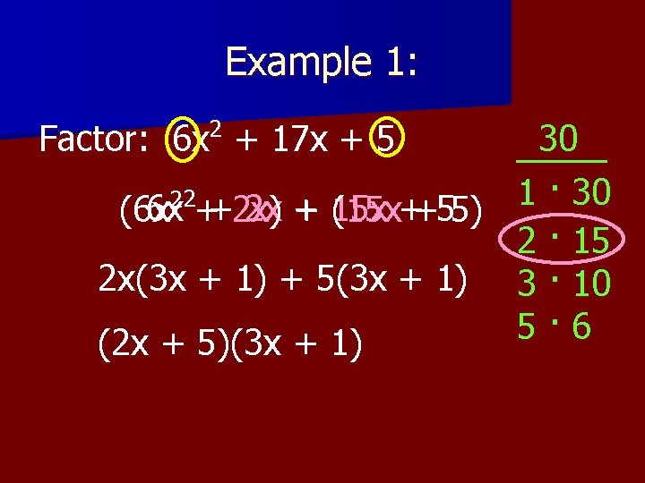 Example 1: 2 Factor: 6 x + 17 x + 5 30 1 · Example 1: 2 Factor: 6 x + 17 x + 5 30 1 ·