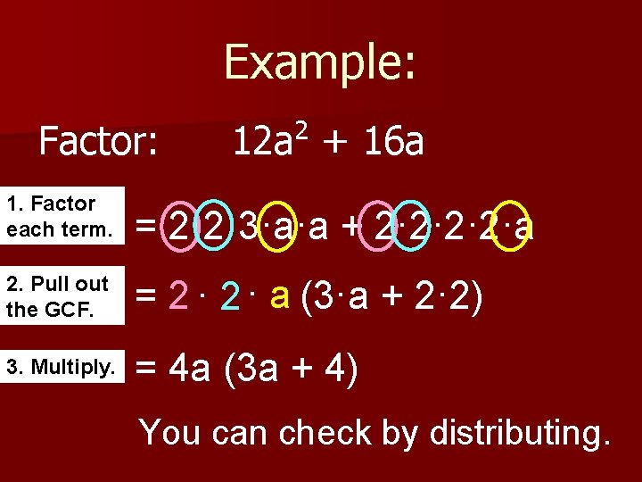 Example: Factor: 2 12 a + 16 a 1. Factor each term. = 2·