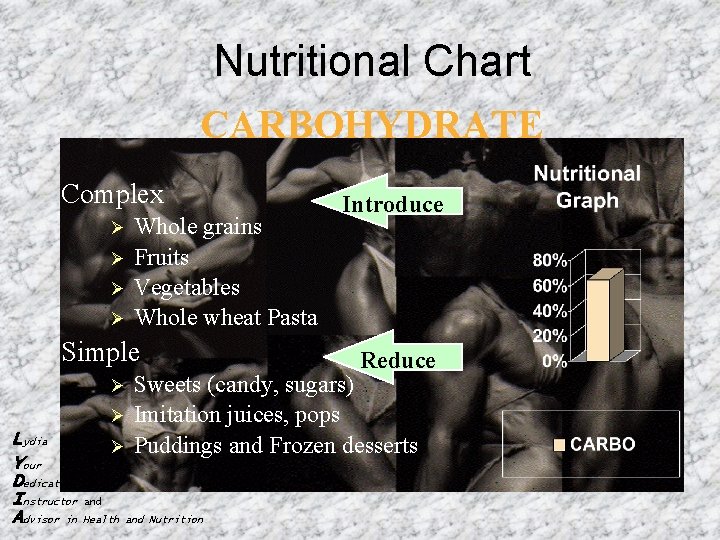Nutritional Chart CARBOHYDRATE Complex Ø Ø Whole grains Fruits Vegetables Whole wheat Pasta Simple