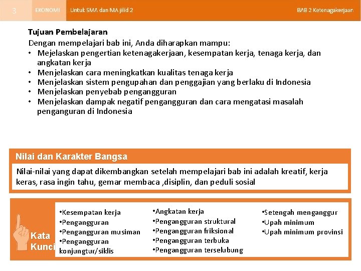 3 Tujuan Pembelajaran Dengan mempelajari bab ini, Anda diharapkan mampu: • Mejelaskan pengertian ketenagakerjaan,