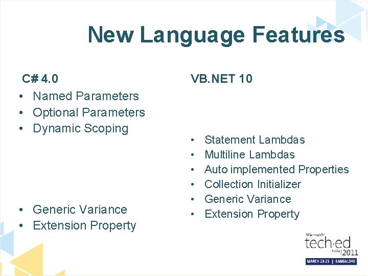 New Language Features C# 4. 0 • Named Parameters • Optional Parameters • Dynamic