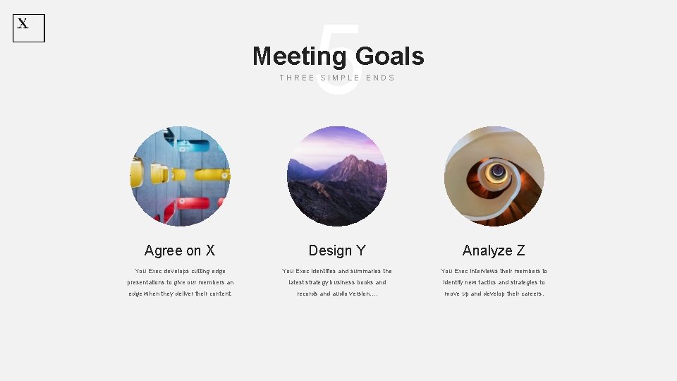 5 Meeting Goals THREE SIMPLE ENDS Agree on X Design Y Analyze Z You