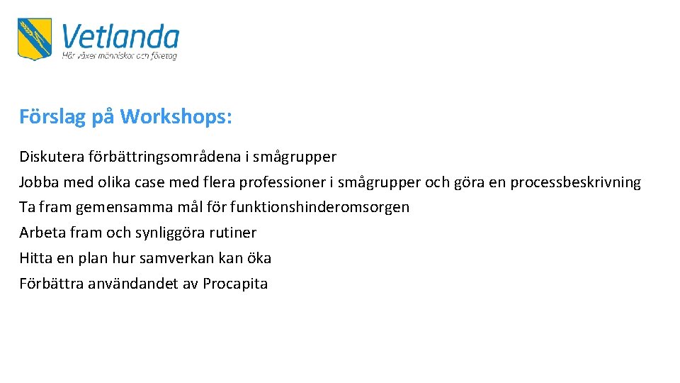 Förslag på Workshops: Diskutera förbättringsområdena i smågrupper Jobba med olika case med flera professioner