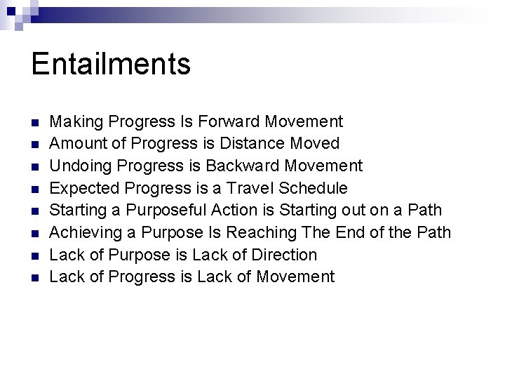 Entailments n n n n Making Progress Is Forward Movement Amount of Progress is