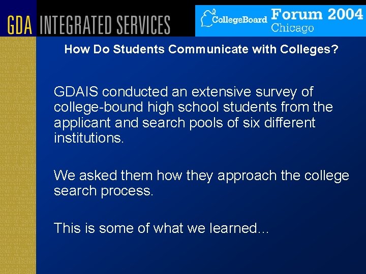 How Do Students Communicate with Colleges? GDAIS conducted an extensive survey of college-bound high