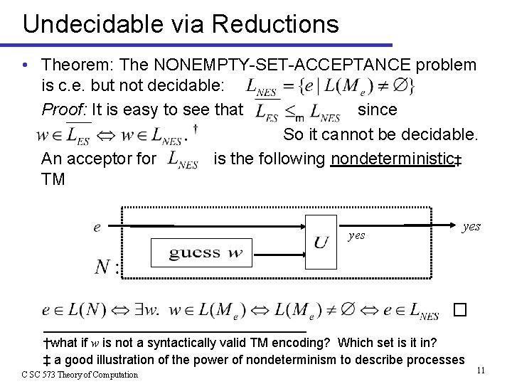 Undecidable via Reductions • Theorem: The NONEMPTY-SET-ACCEPTANCE problem is c. e. but not decidable: