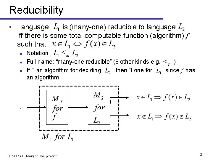 Reducibility • Language is (many-one) reducible to language iff there is some total computable