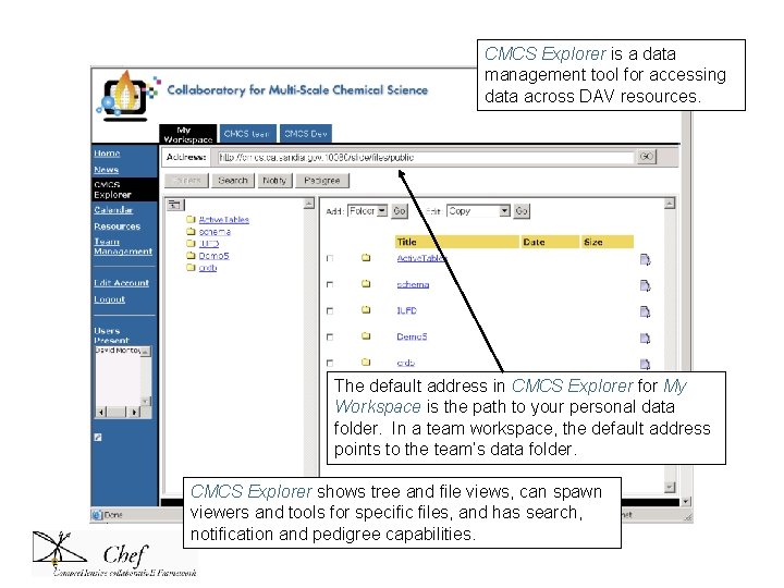 CMCS Explorer is a data management tool for accessing data across DAV resources. The CMCS Explorer is a data management tool for accessing data across DAV resources. The