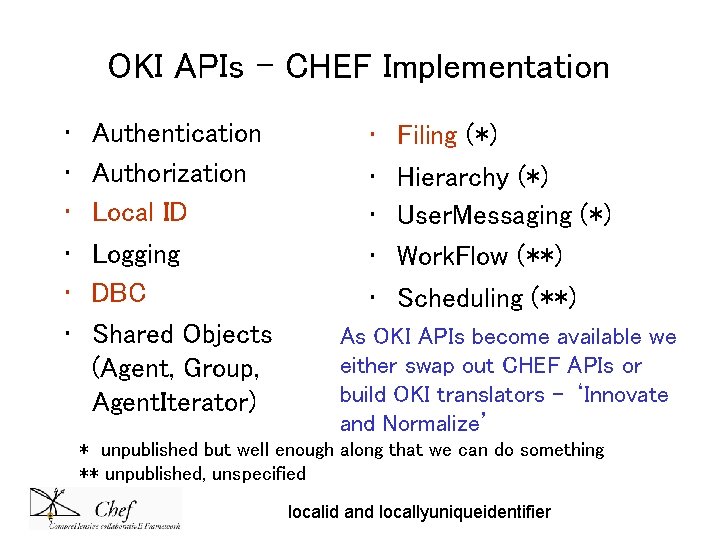 OKI APIs – CHEF Implementation • • • Authentication Authorization Local ID Logging DBC OKI APIs – CHEF Implementation • • • Authentication Authorization Local ID Logging DBC