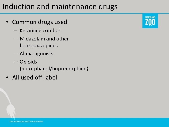Induction and maintenance drugs • Common drugs used: – Ketamine combos – Midazolam and