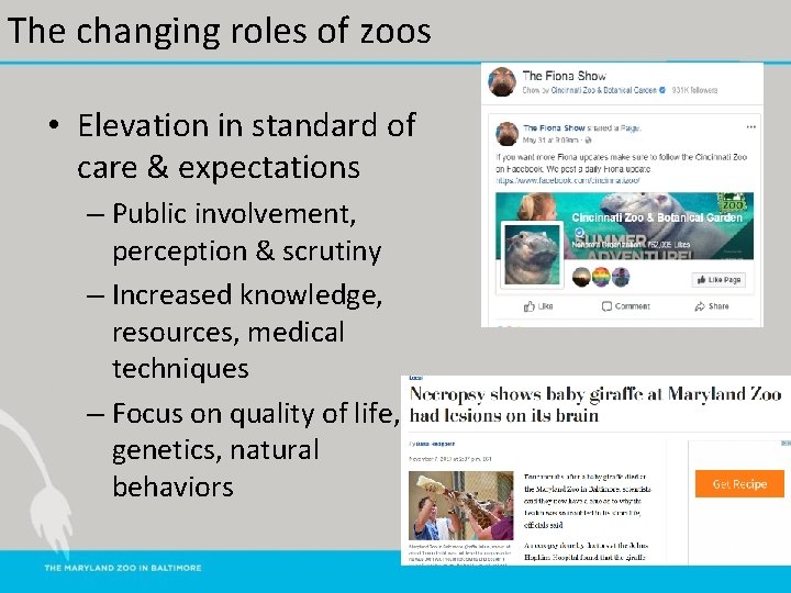 The changing roles of zoos • Elevation in standard of care & expectations –