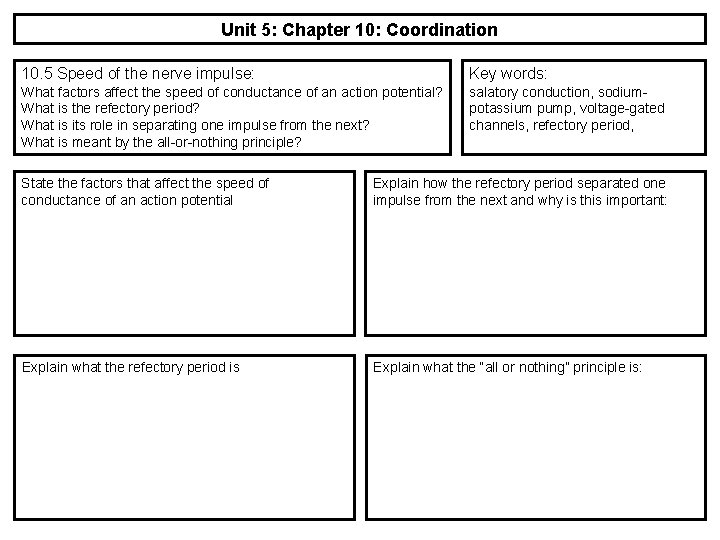 Unit 5: Chapter 10: Coordination 10. 5 Speed of the nerve impulse: Key words: