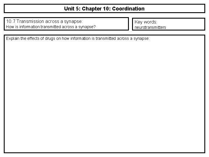 Unit 5: Chapter 10: Coordination 10. 7 Transmission across a synapse: How is information