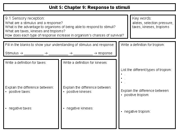 Unit 5: Chapter 9: Response to stimuli 9. 1 Sensory reception: Key words: What