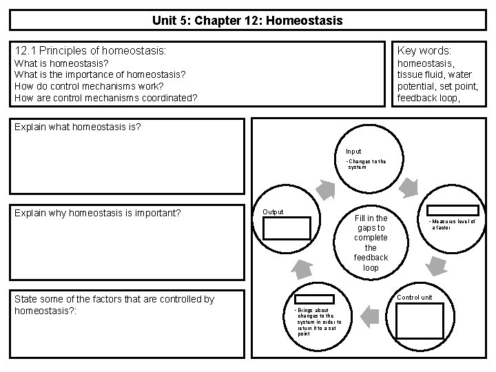 Unit 5: Chapter 12: Homeostasis 12. 1 Principles of homeostasis: Key words: What is