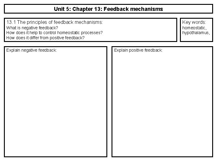 Unit 5: Chapter 13: Feedback mechanisms 13. 1 The principles of feedback mechanisms: Key