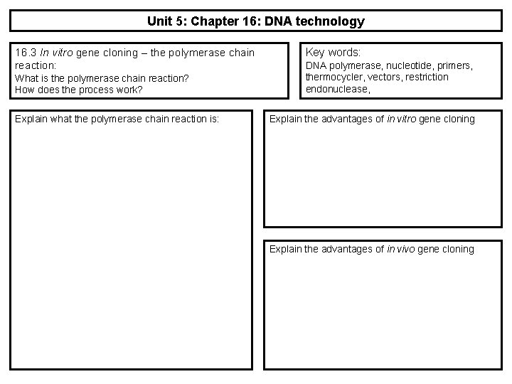 Unit 5: Chapter 16: DNA technology 16. 3 In vitro gene cloning – the