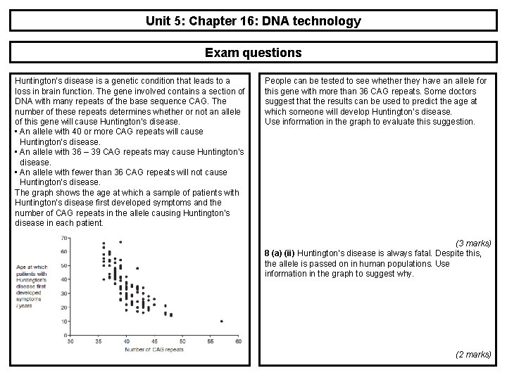 Unit 5: Chapter 16: DNA technology Exam questions Huntington’s disease is a genetic condition