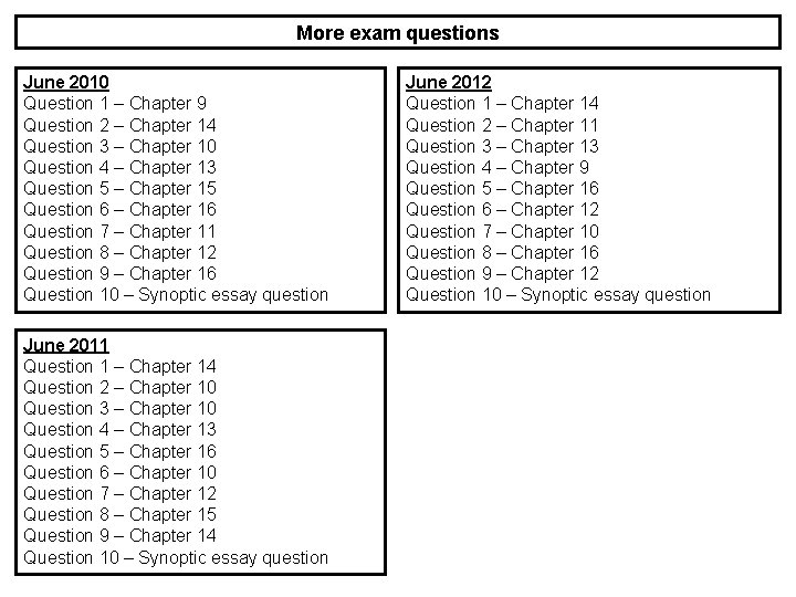More exam questions June 2010 Question 1 – Chapter 9 Question 2 – Chapter