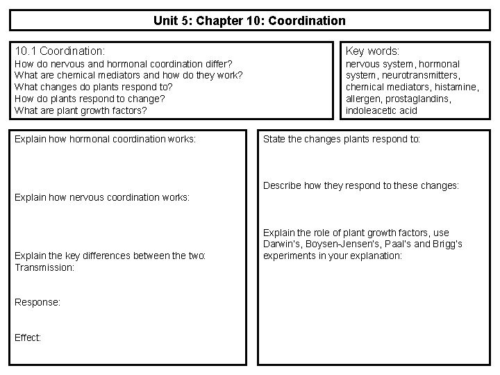 Unit 5: Chapter 10: Coordination 10. 1 Coordination: Key words: How do nervous and