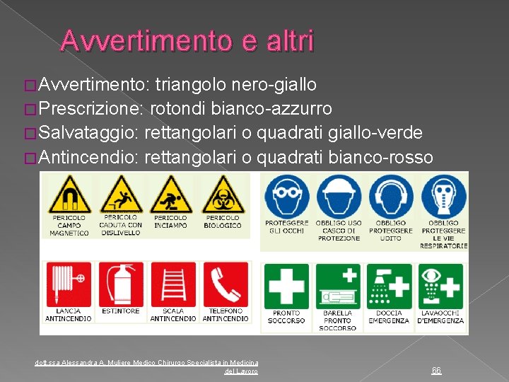 Avvertimento e altri �Avvertimento: triangolo nero-giallo �Prescrizione: rotondi bianco-azzurro �Salvataggio: rettangolari o quadrati giallo-verde