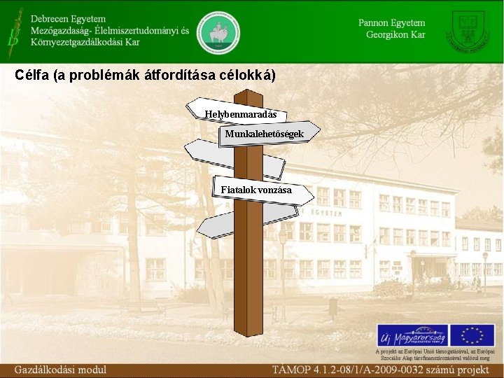 Célfa (a problémák átfordítása célokká) Helybenmaradás Munkalehetőségek Fiatalok vonzása 