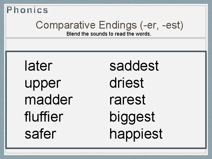 Comparative Endings (-er, -est) Blend the sounds to read the words. later upper madder