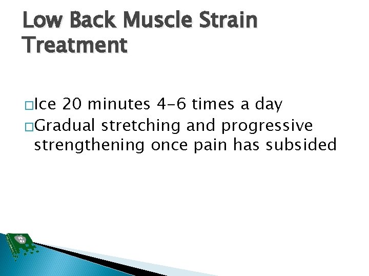 Low Back Muscle Strain Treatment �Ice 20 minutes 4 -6 times a day �Gradual