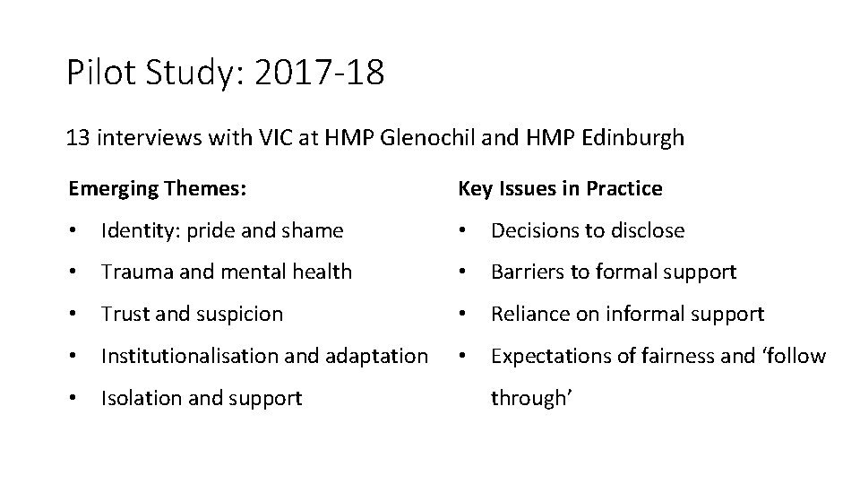Pilot Study: 2017 -18 13 interviews with VIC at HMP Glenochil and HMP Edinburgh