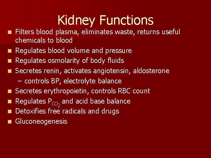 Kidney Functions n n n n Filters blood plasma, eliminates waste, returns useful chemicals