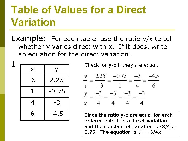 Table of Values for a Direct Variation Example: For each table, use the ratio