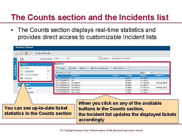 The Counts section and the Incidents list • The Counts section displays real-time statistics