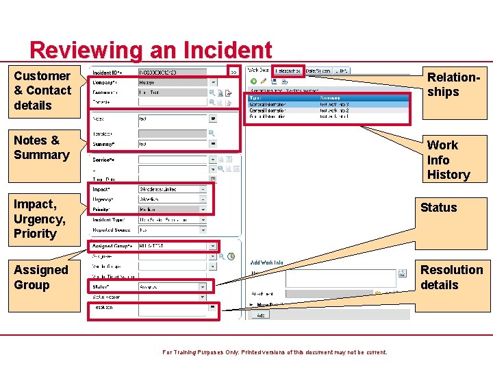 Reviewing an Incident Customer & Contact details Relationships Notes & Summary Work Info History