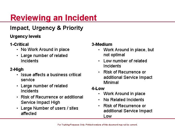 Reviewing an Incident Impact, Urgency & Priority Urgency levels 1 -Critical • No Work