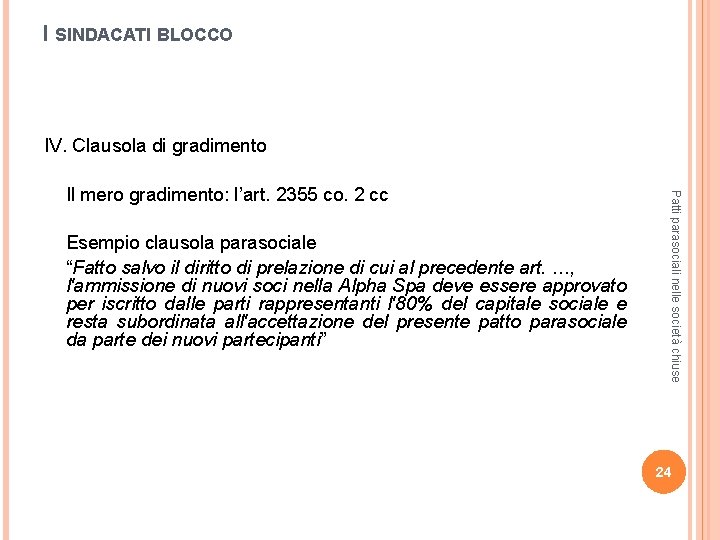 I SINDACATI BLOCCO IV. Clausola di gradimento Esempio clausola parasociale “Fatto salvo il diritto