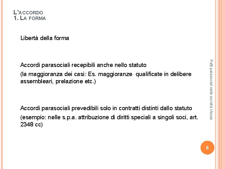 L’ACCORDO 1. LA FORMA Libertà della forma Patti parasociali nelle società chiuse Accordi parasociali