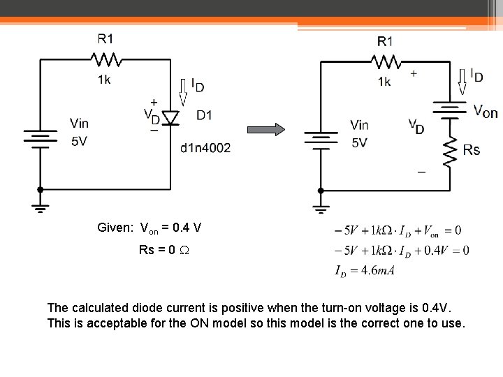 Given: Von = 0. 4 V Rs = 0 W The calculated diode current Given: Von = 0. 4 V Rs = 0 W The calculated diode current