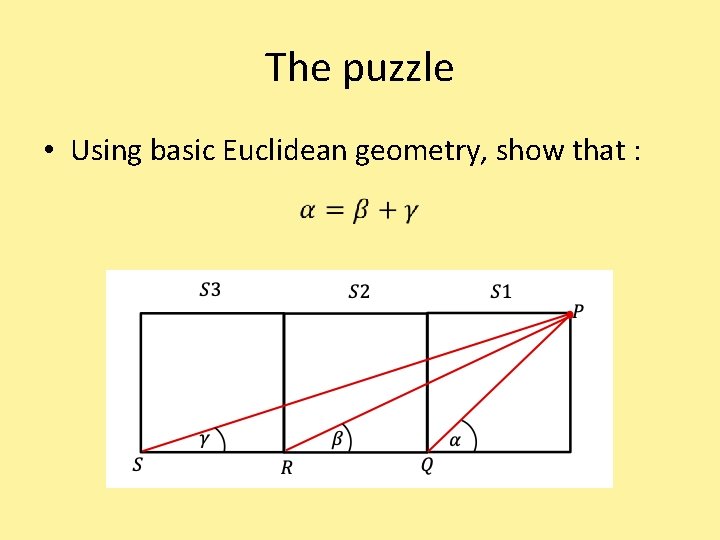 The puzzle • Using basic Euclidean geometry, show that : 