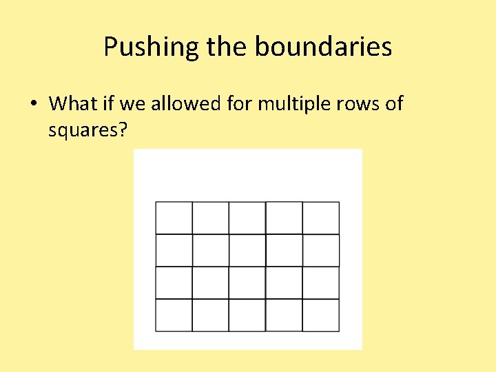 Pushing the boundaries • What if we allowed for multiple rows of squares? 