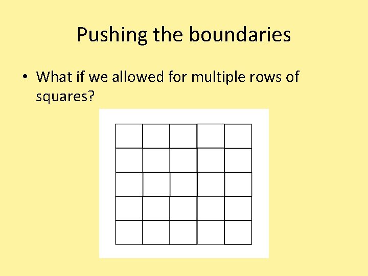 Pushing the boundaries • What if we allowed for multiple rows of squares? 