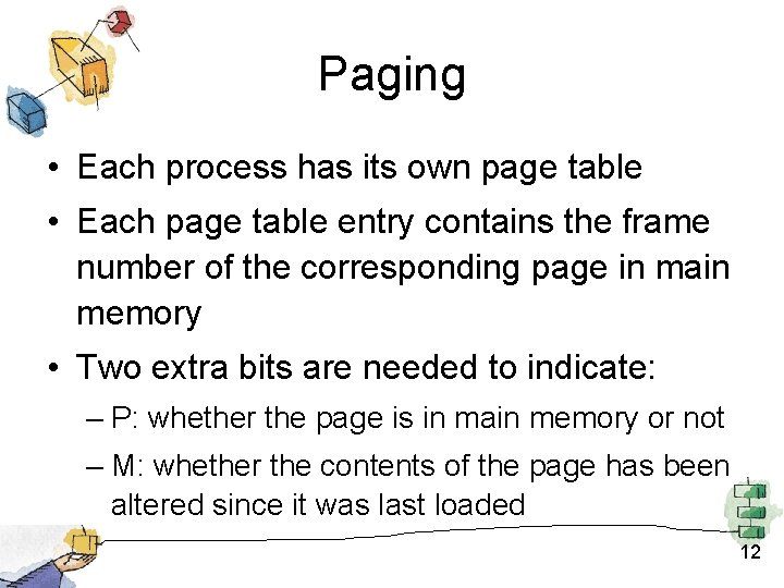 Paging • Each process has its own page table • Each page table entry