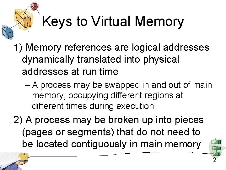 Keys to Virtual Memory 1) Memory references are logical addresses dynamically translated into physical