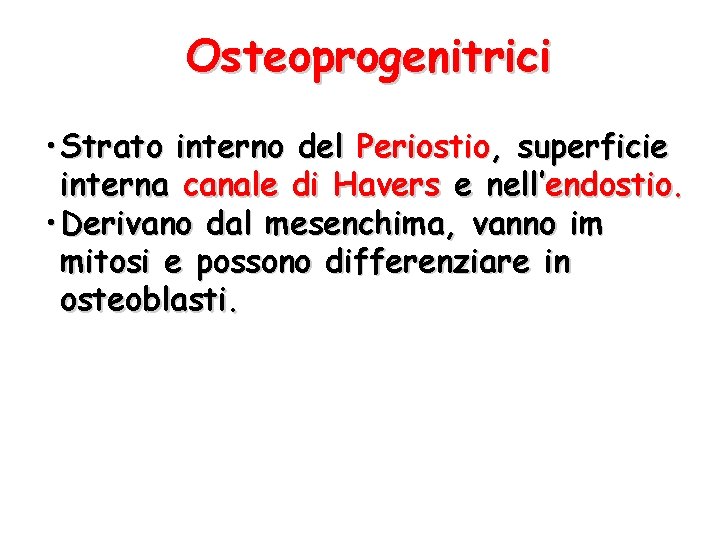 Osteoprogenitrici • Strato interno del Periostio, superficie interna canale di Havers e nell’endostio. •
