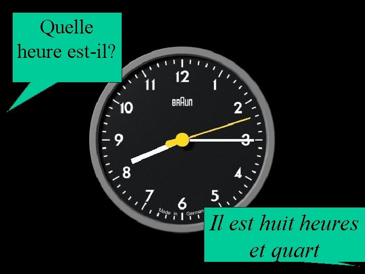 Quelle heure est-il? Il est huit heures et quart 